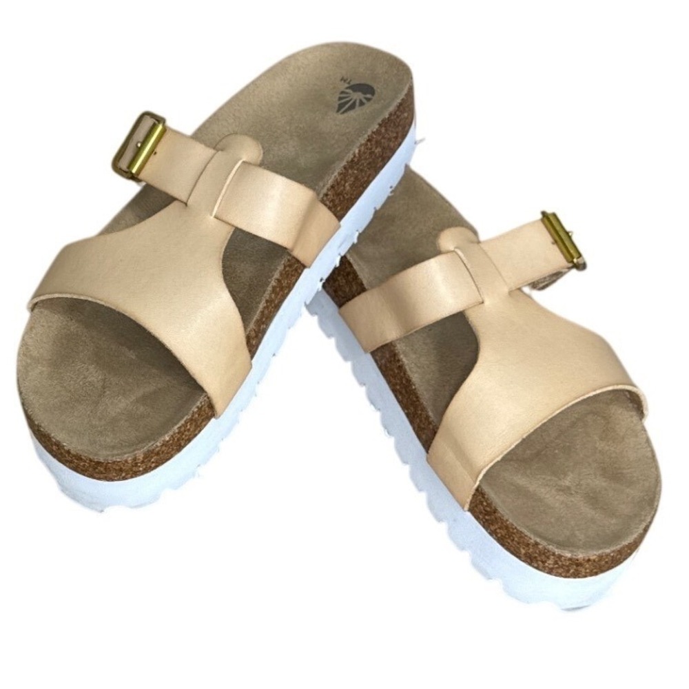 Volatile Slide Sandals Women‎ 8 Tan Excellent Platform Cork Buckle Lug Sole